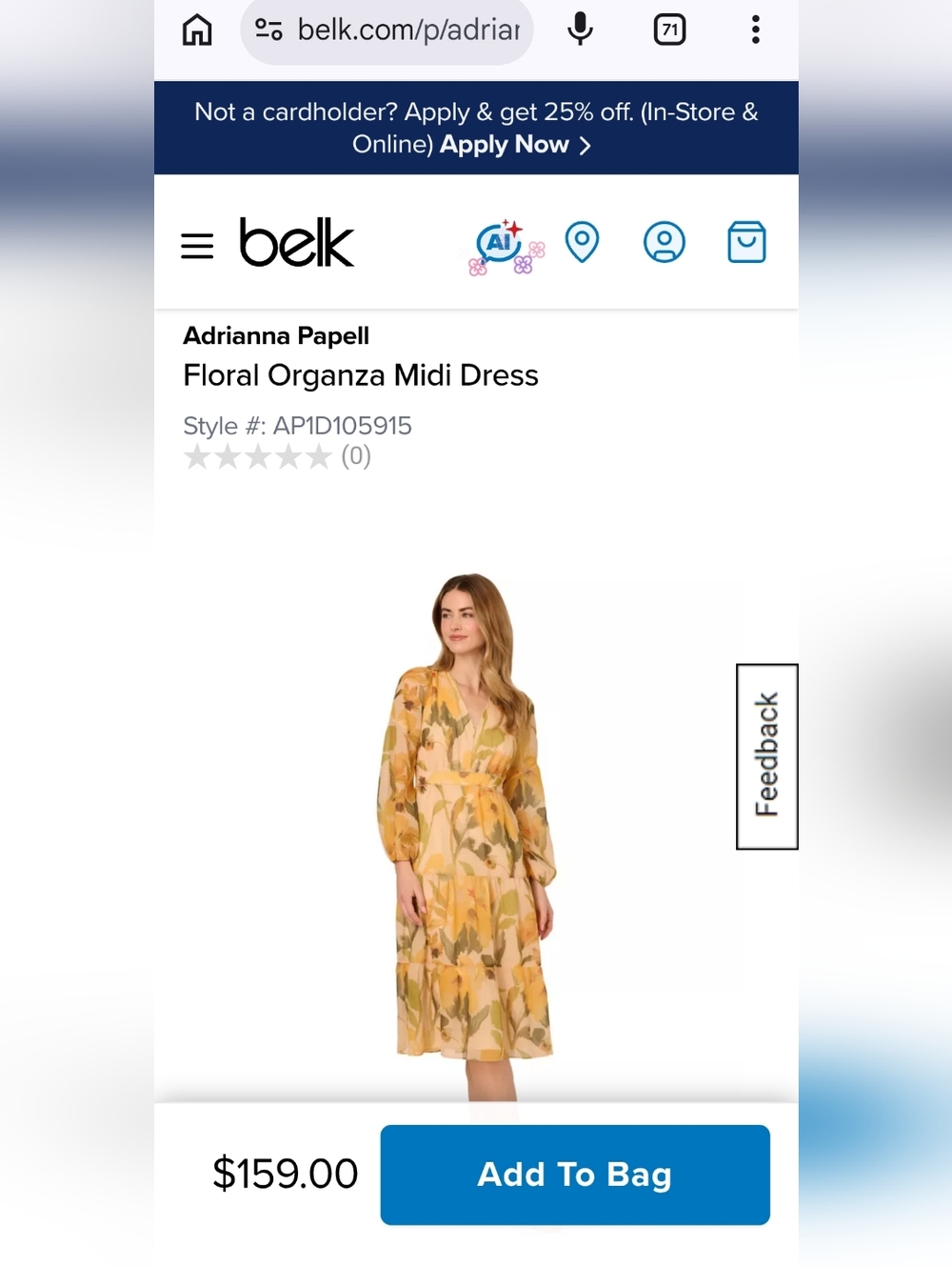 Adrianna Papell Yellow & Green Floral Organza Midi Dress